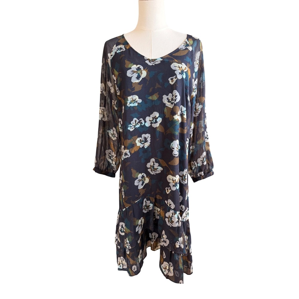 Cabi Navy Blue Floral Chiffon Tiered Ruffle Hem Shift Dress Small Long Sleeve